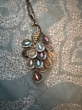 Vintage-Inspired Silver Peacock Pendant Necklace with Pink and Blue Accents